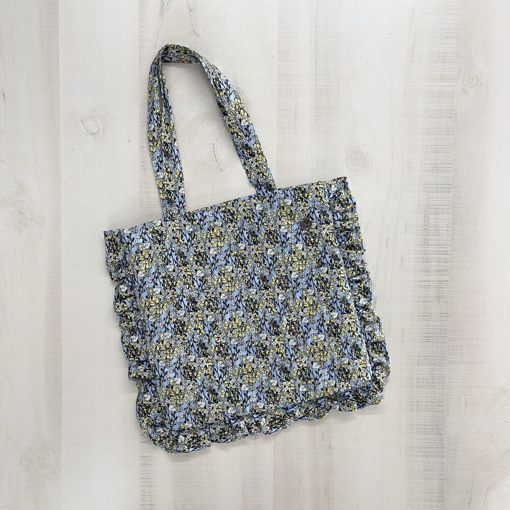 POMPdeLUX girls Floral Ruffle Quilted Cotton Tote Bag Purse Blue